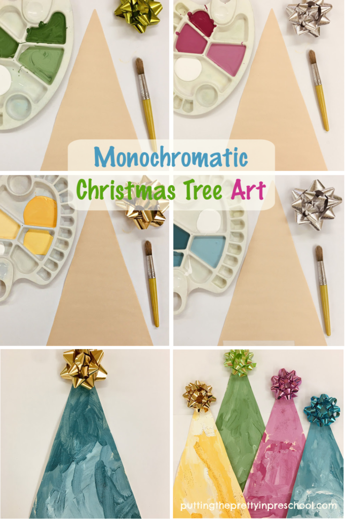 This monochromatic Christmas tree art project is done in pastel shades of green, yellow, teal, and magenta. The trees look beautiful on display.