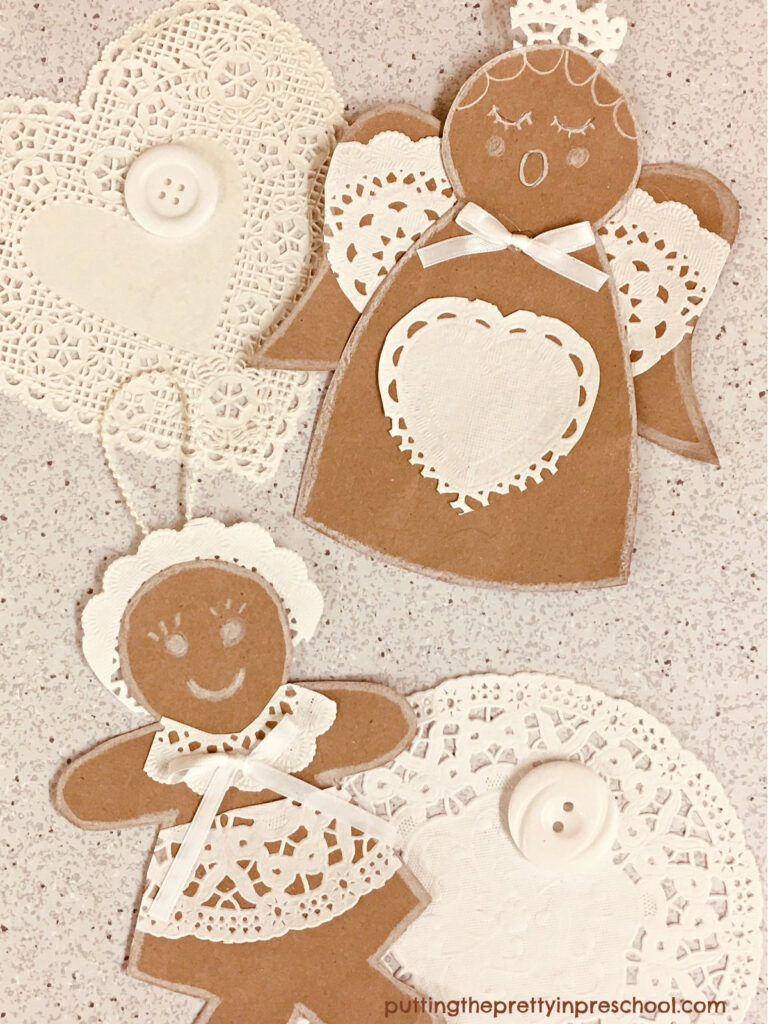 Make these beautiful vintage-inspired paper bag Christmas ornaments with lace paper doily accents. Free templates are available to use.