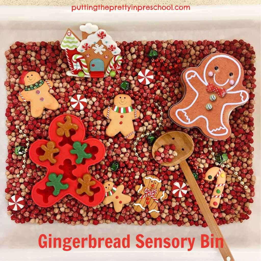 A super fun gingerbread sensory bin with a chickpea base. An economical bin with dollar store gingerbread accessories.