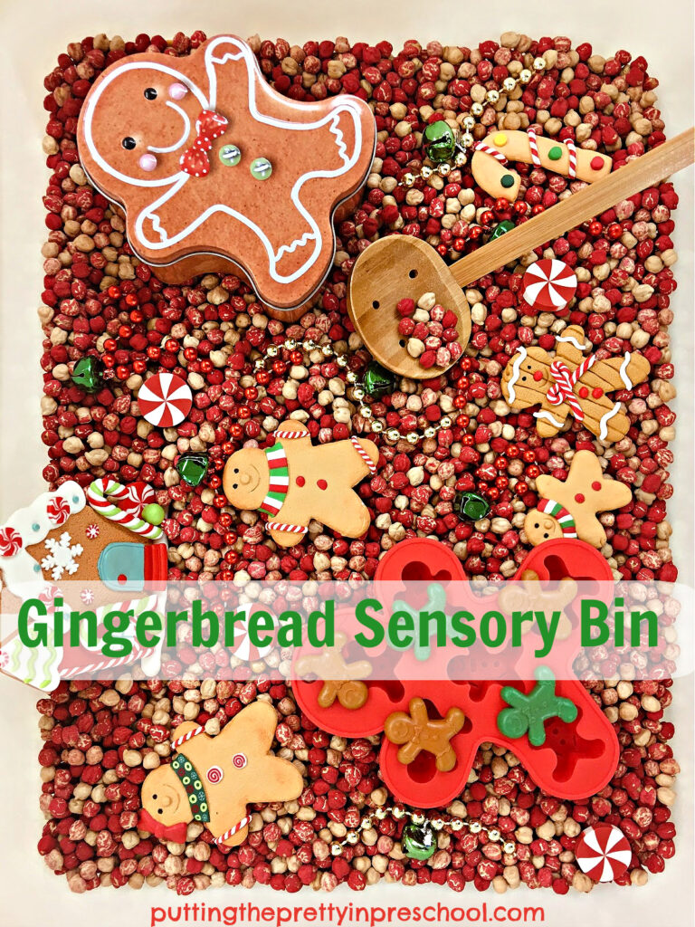 A chickpea-based gingerbread sensory bin children will love. Shop the dollar stores for gingerbread accessories to fill the bin.