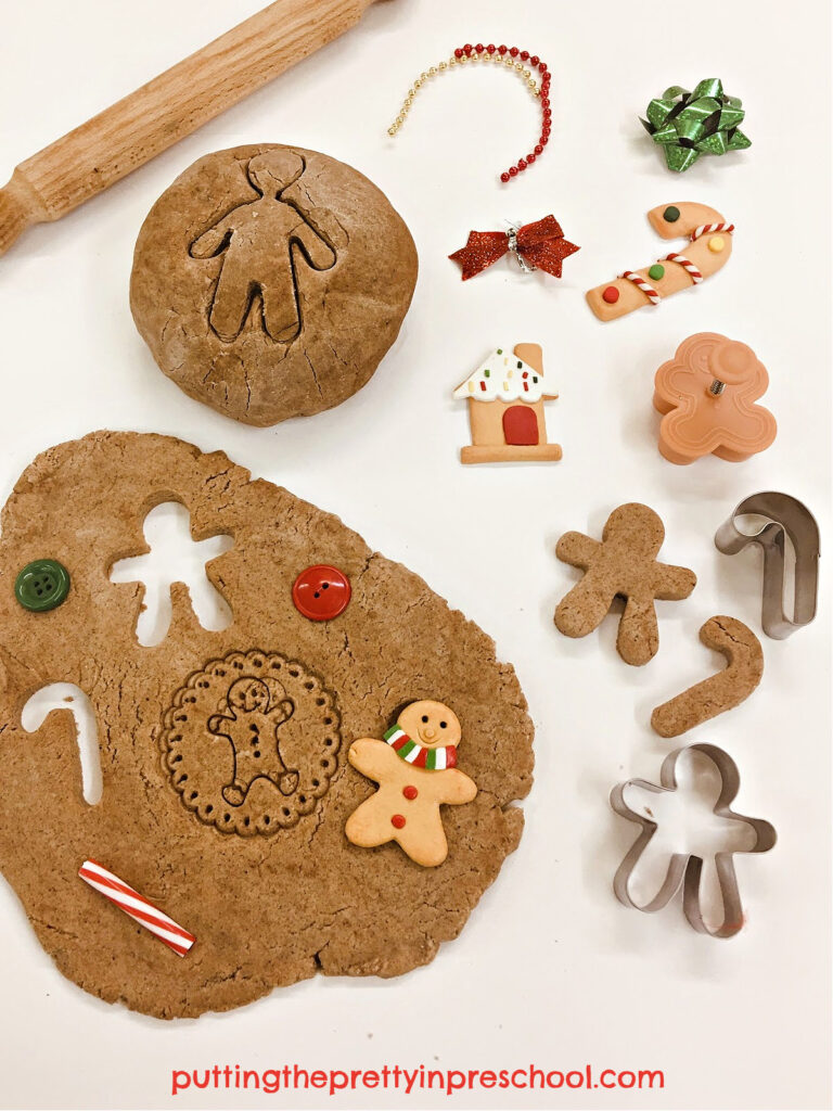 This homemade scented gingerbread playdough and the festive loose parts are ready to be explored by little learners.