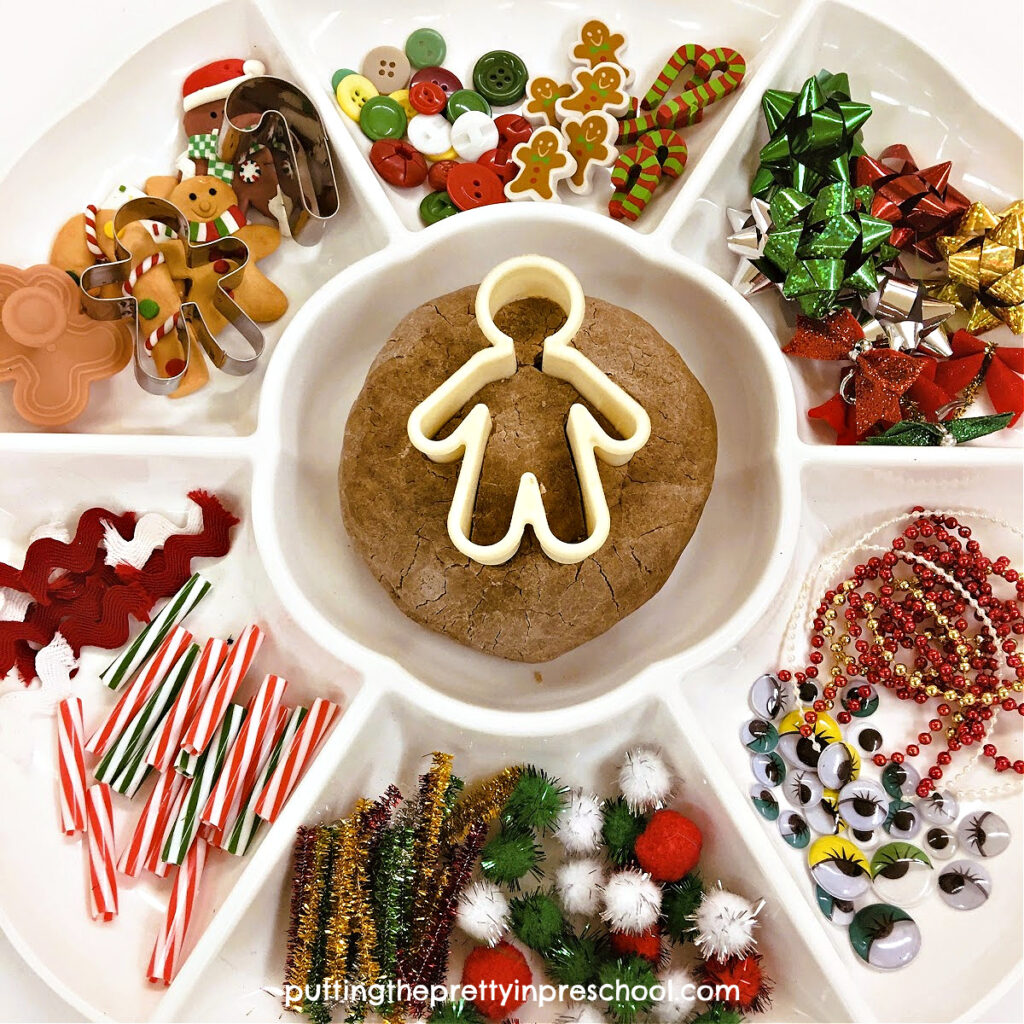 There are many opportunities to be creative with the festive loose parts in this spicy gingerbread playdough invitation your children will love.