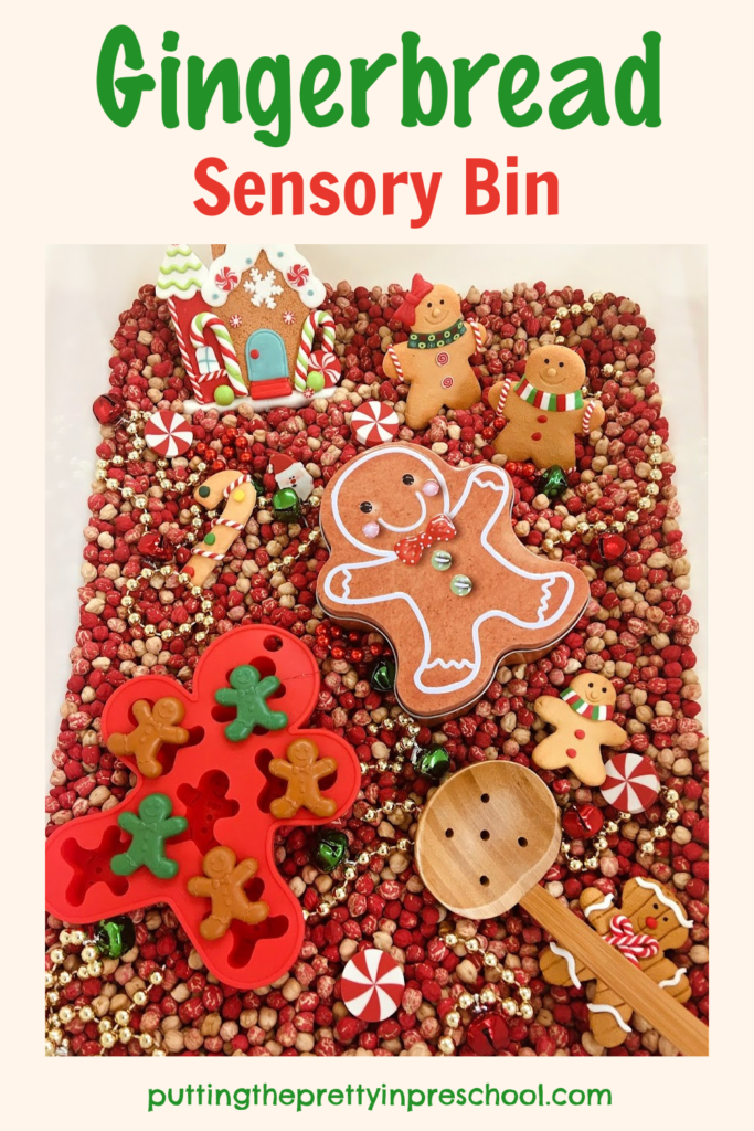 A chickpea-based gingerbread sensory bin children will love. Shop the dollar stores for gingerbread accessories to fill the bin.
