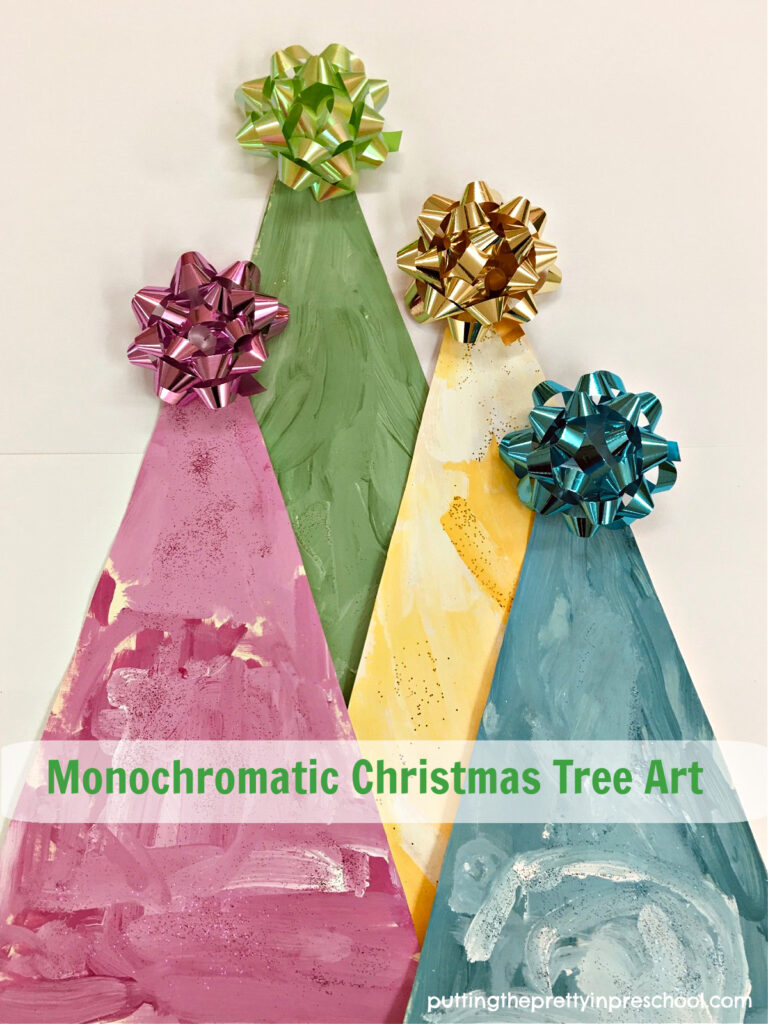 Include this simple monochromatic Christmas tree art project in your holiday activities. The pastel-themed trees look beautiful on display.