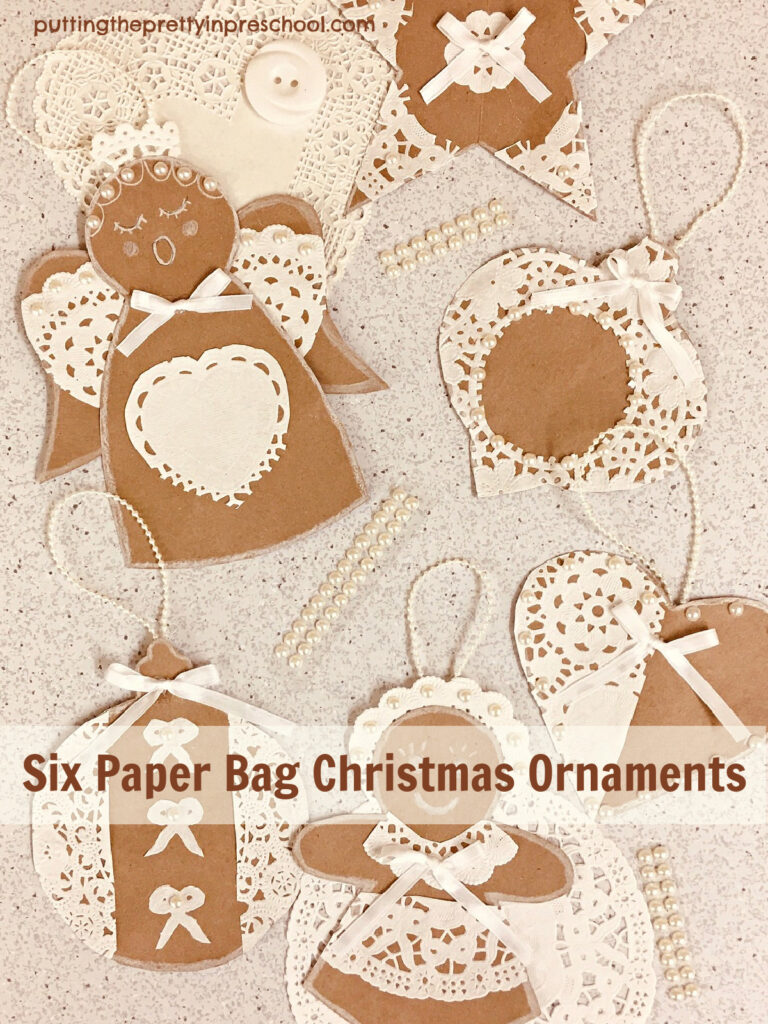 Make these six different brown paper bag Christmas ornaments with lace paper doily accents. Free templates are included.