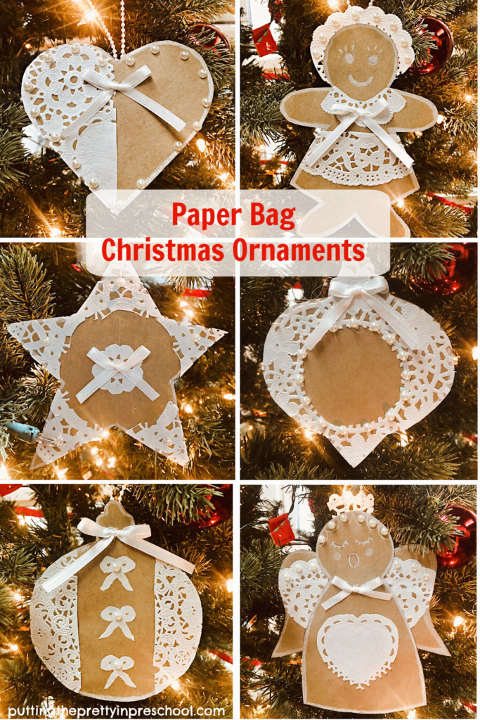 How to make six different paper bag Christmas ornaments. An all-ages, beautiful recycled craft. Free templates are included.