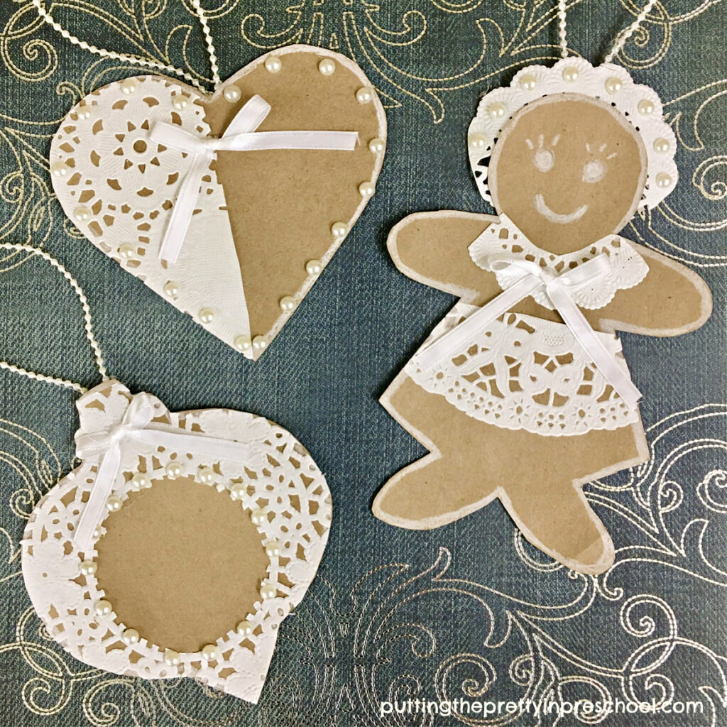 Make these beautiful vintage-inspired paper bag Christmas ornaments with lace paper doily accents. Free templates are available to use.