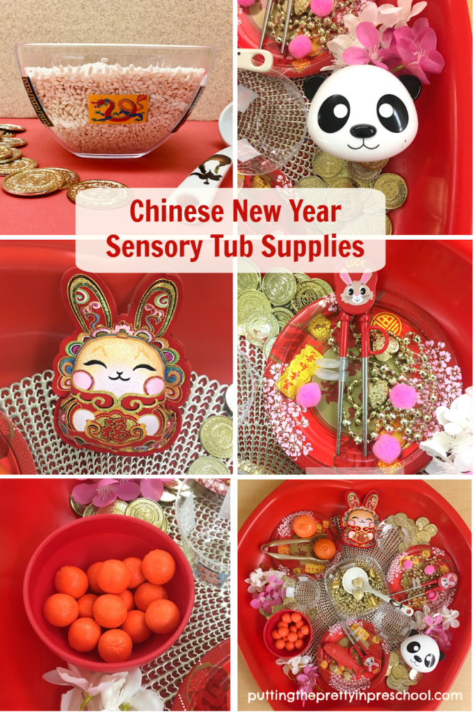 Super fun supplies for a Chinese Lunar New Year sensory tub invitation to play your early learners will love to investigate.