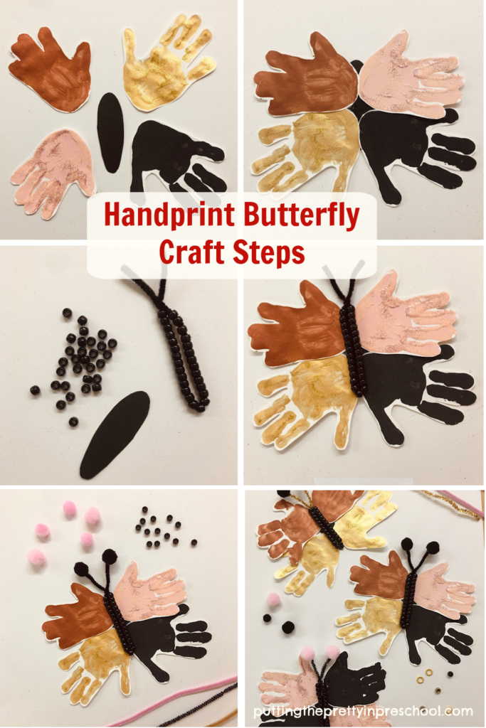Steps to make a handprint butterfly craft to recognize and celebrate Black History Month.