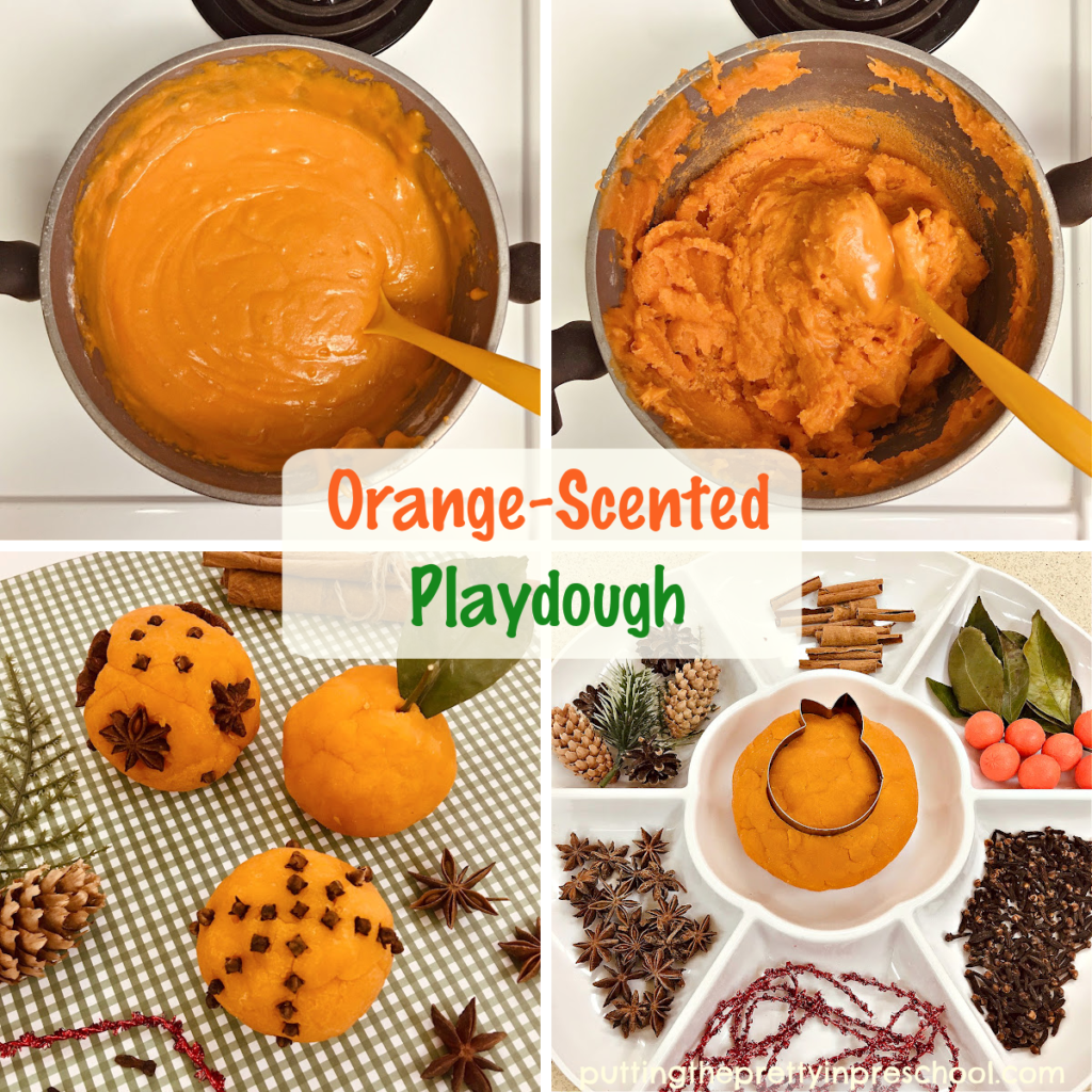 An easy-to-make orange-scented orange playdough recipe showcased with loose parts early learners will love to explore.