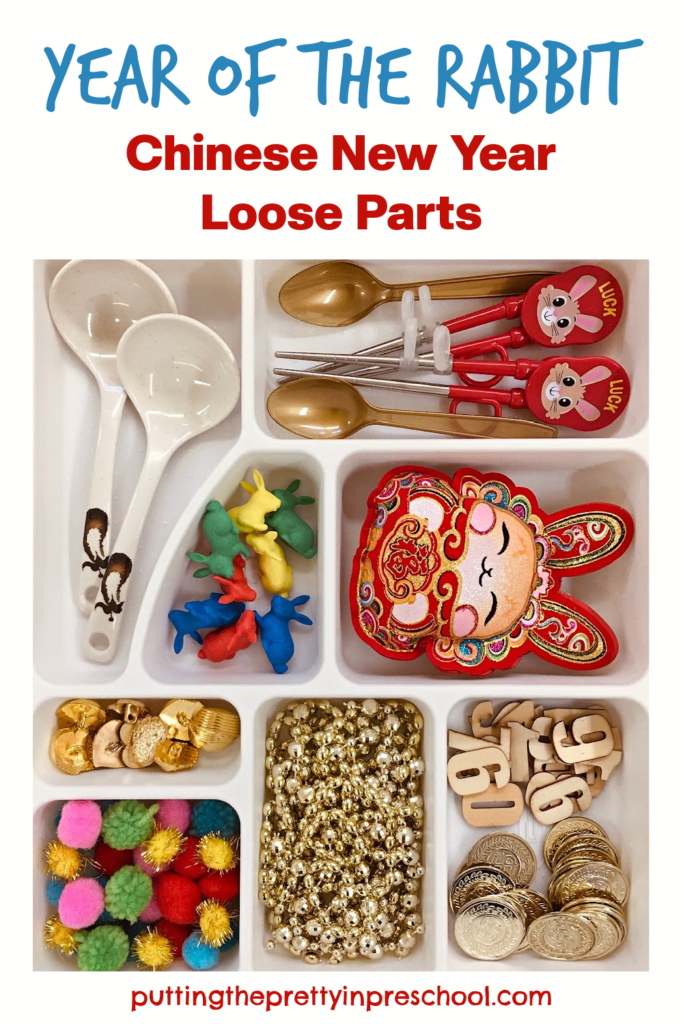 This rabbit-themed Chinese New Year loose parts tray is filled with treasures early learners love to explore.