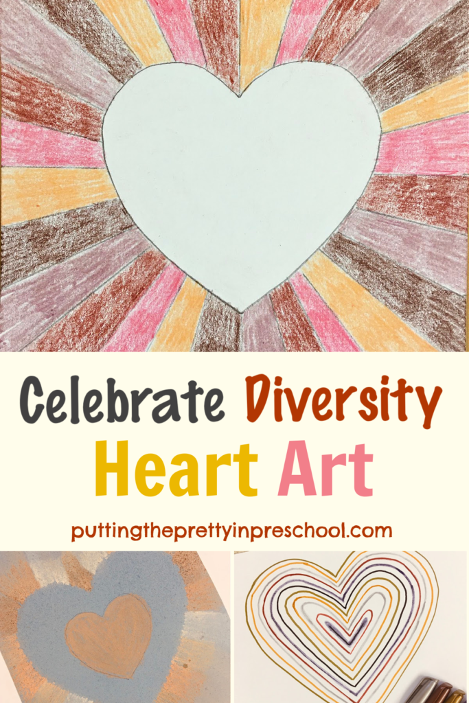 Three easy-to-do "Celebrate Diversity" heart art projects with chalk, metallic marker, and pencil crayon skin tone art supplies.