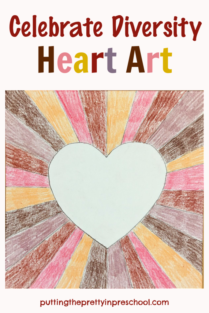 A "Celebrate Diversity" sunburst heart art project with skin tone pencil crayons. An all-ages, non-messy, stunning art activity.