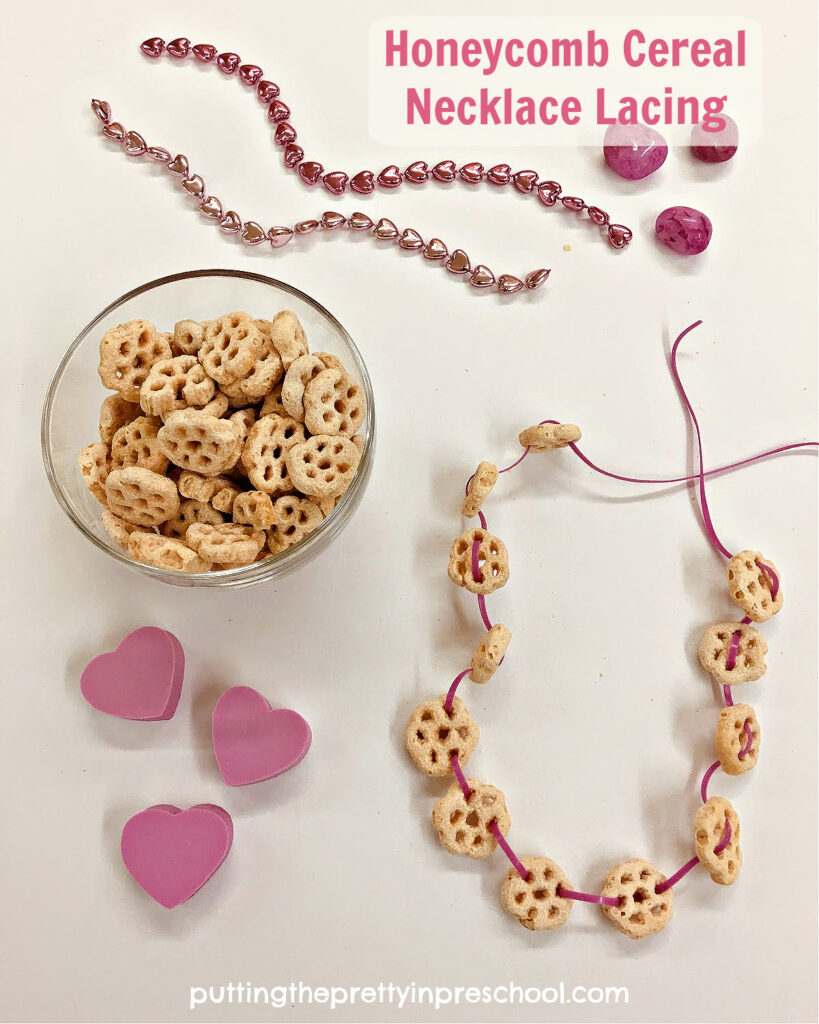 A fun honeycomb necklace lacing activity that is great for fine motor control and eye-hand coordination practice.