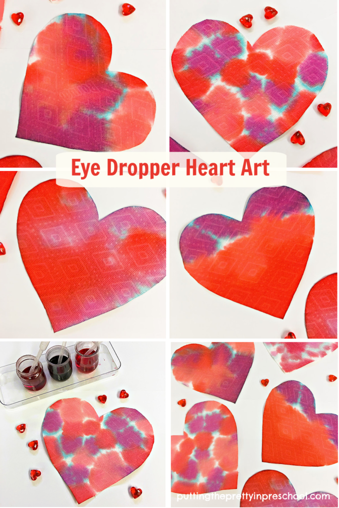 A fabulous eye dropper painting process art activity with food coloring paint and paper towel hearts.