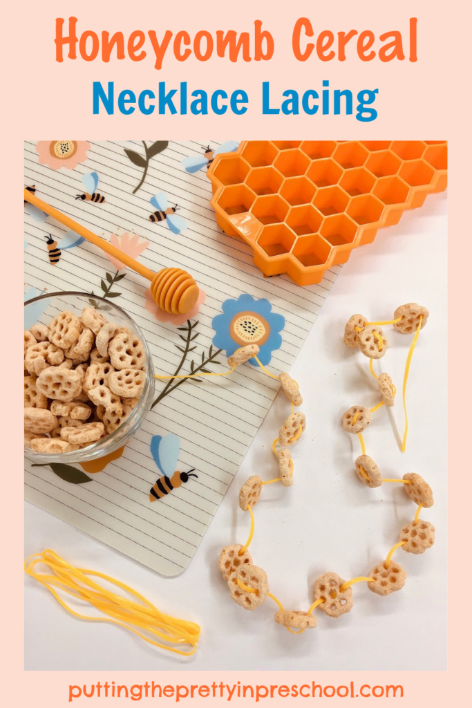 A fun honeycomb cereal necklace lacing activity that is great for fine motor control and eye-hand coordination practice. An all-ages craft.