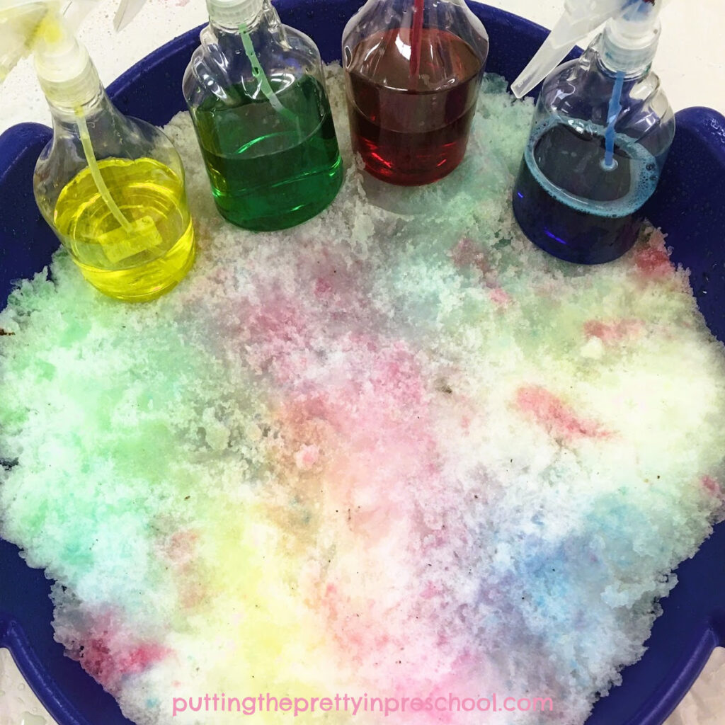 Take snow indoors and invite early learners to spray paint it with food coloring paint. A quick and easy sensory activity.