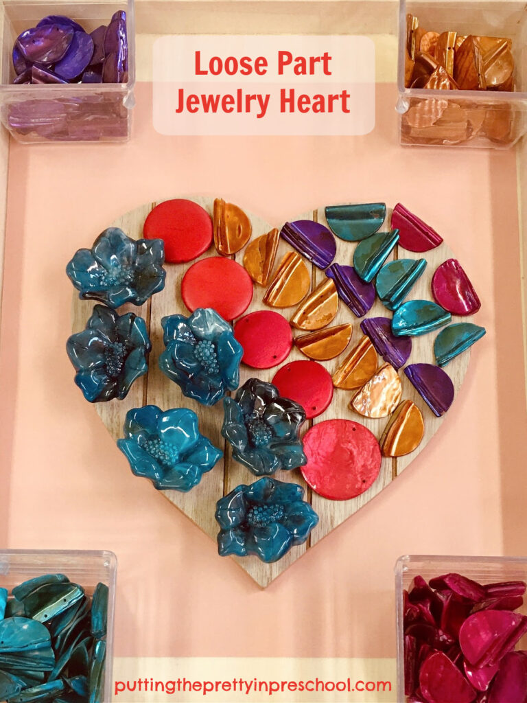 An invitation to create a loose-part jewelry heart with costume jewelry pieces. This is a gorgeous all-ages transient art project.
