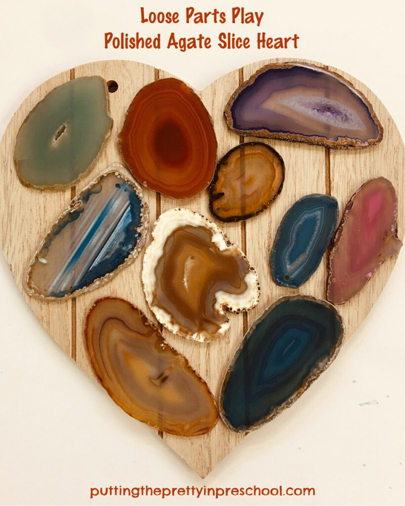 A gorgeous loose-part precious rock heart created with polished agate slices. This is an all-ages transient art project everyone will enjoy.