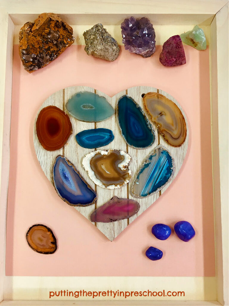 A gorgeous loose-part precious rock heart created with polished agate slices. This is an all-ages transient art project everyone will enjoy.