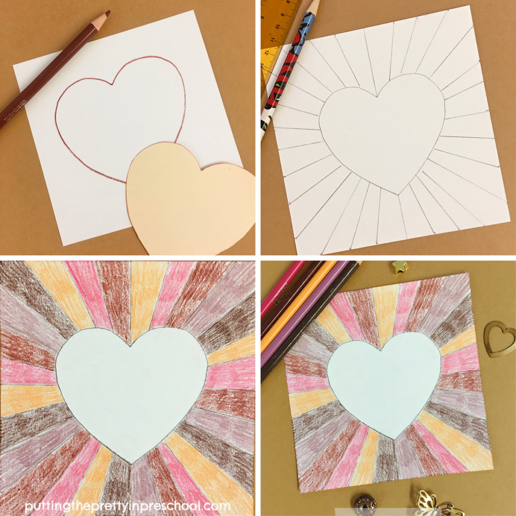 Steps to make a "Celebrate Diversity" sunburst heart art project with skin tone pencil crayons. An all-ages, non-messy, stunning art activity