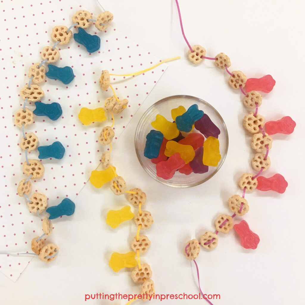 A fun honeycomb cereal necklace lacing activity that is great for fine motor control and eye-hand coordination practice. An all-ages craft