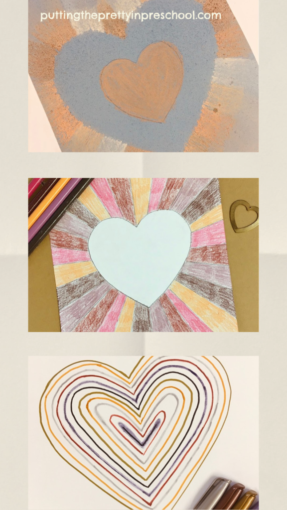 Three easy-to-do "Celebrate Diversity" heart art projects with chalk, metallic marker, and pencil crayon skin tone art supplies.