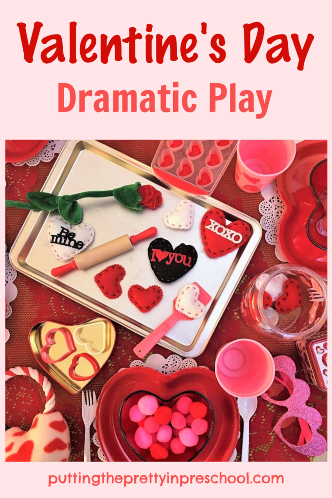 This simple and pretty Valentine's Day dramatic play tablescape is filled with hearts and red and white loose parts.