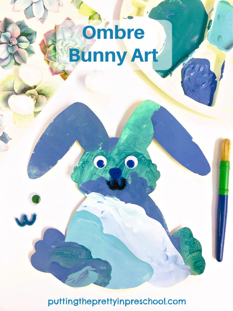 Create ombre bunny art with shades of teal and blue paint. This is an easy-to-do, striking spring bunny art project.