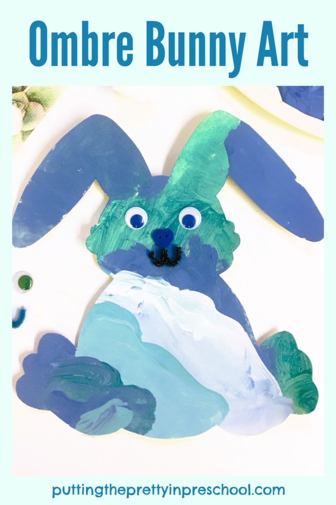 Create ombre bunny art with shades of teal and blue paint. This is an easy-to-do, striking spring bunny art project.