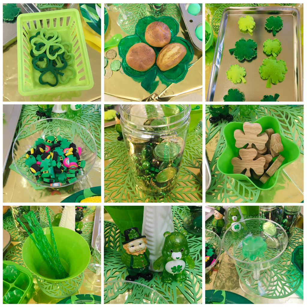 Green and St. Patrick's Day-themed accessories for a dramatic play kitchen center your little learners will love to explore.