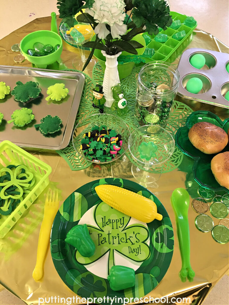 A super fun, easy-to-set-up St. Patrick's Day dramatic play activity. Themed loose parts are the highlights of the pretend play set up.