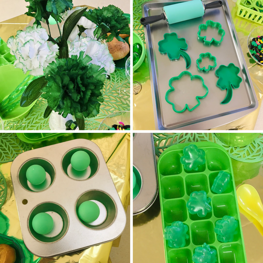 Green and St. Patrick's Day-themed accessories for a dramatic play kitchen center your little learners will love to explore.
