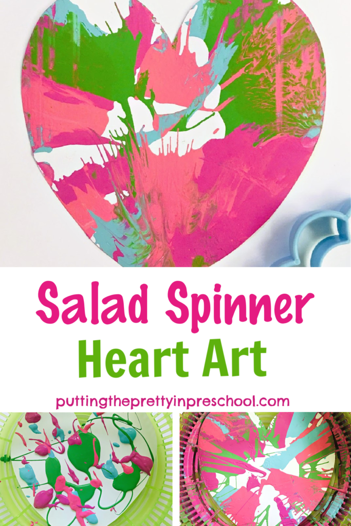 This salad spinner heart art project is super fun from start to finish. Each piece of art is unique. It is process art at its best.
