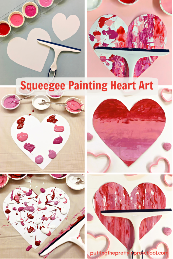 How to paint with a squeegee to create beautiful heart art. This is an all-ages process art activity with collaborative possibilities.