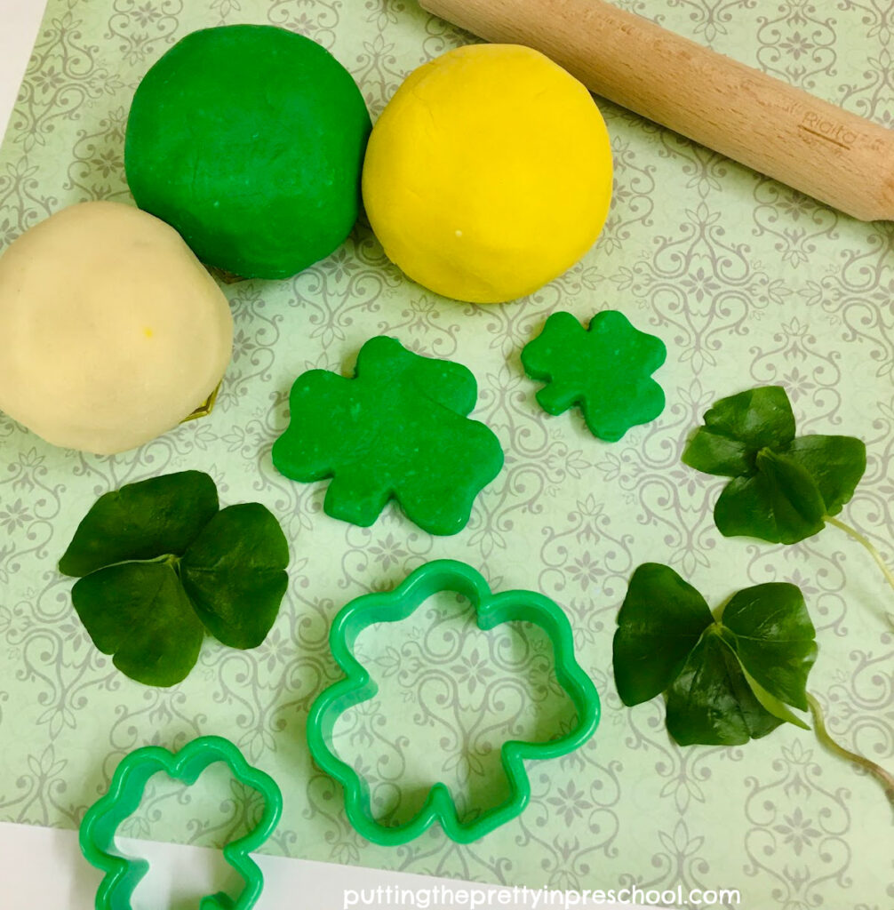 Shamrock leaves add interest to a St. Patrick's Day playdough invitation. Two homemade playdough recipes are featured.
