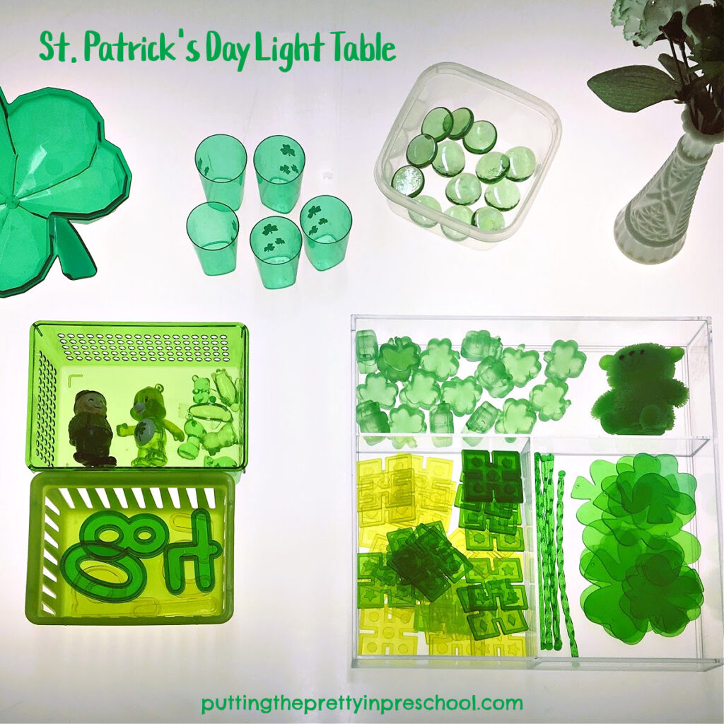 This oh-so-green St. Patrick's Day light table activity filled with transparent loose parts is super fun for early learners to explore.
