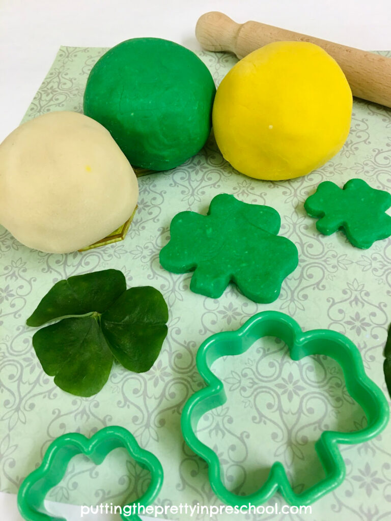 Shamrock leaves add interest to a St. Patrick's Day playdough invitation. Two homemade playdough recipes are featured.