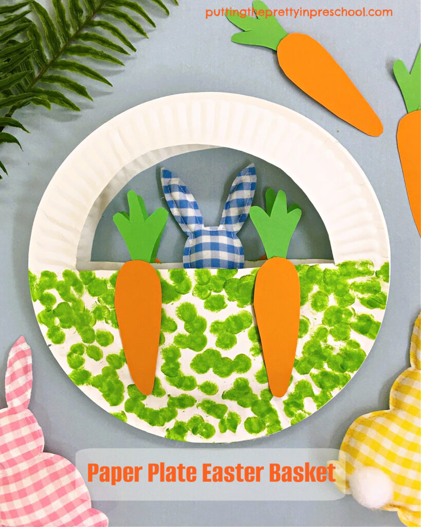 Just insert Easter grass and a few chocolate eggs into this paper plate Easter basket. It is sure to be a big hit as a party favor.