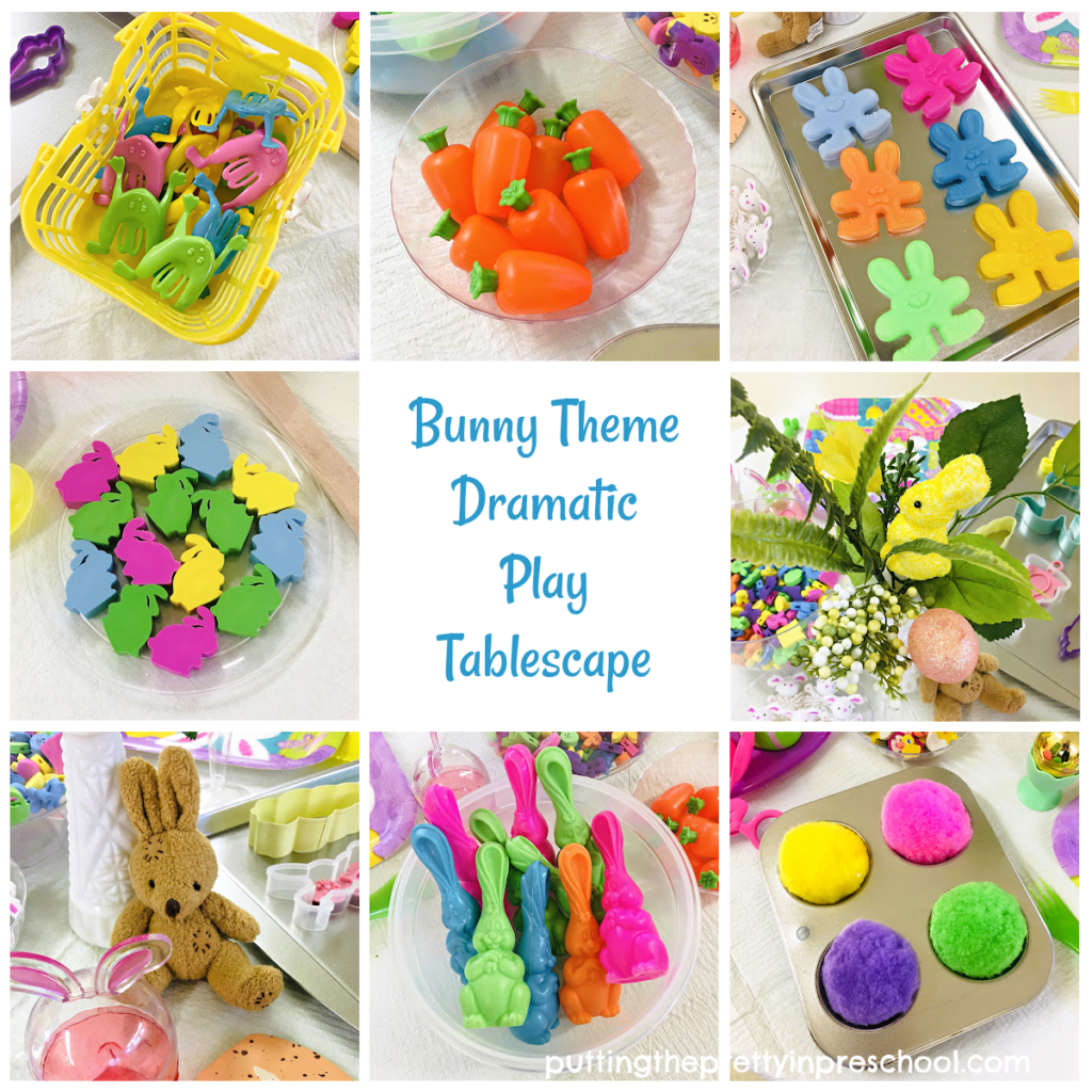 Bunny-themed loose parts for a spring dramatic play tablescape your little learners will love to play in.