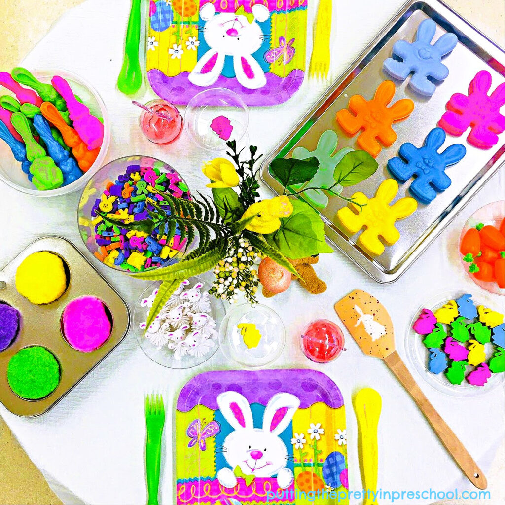 A super fun bunny pretend play invitation that is quick and easy to set up. It's perfect for an Easter or spring theme.