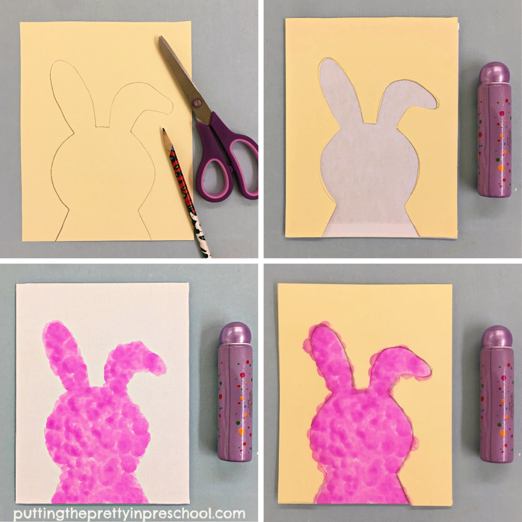 Steps to create bunny silhouette art with dot markers, a template, and canvas board. Give this art project a try today.