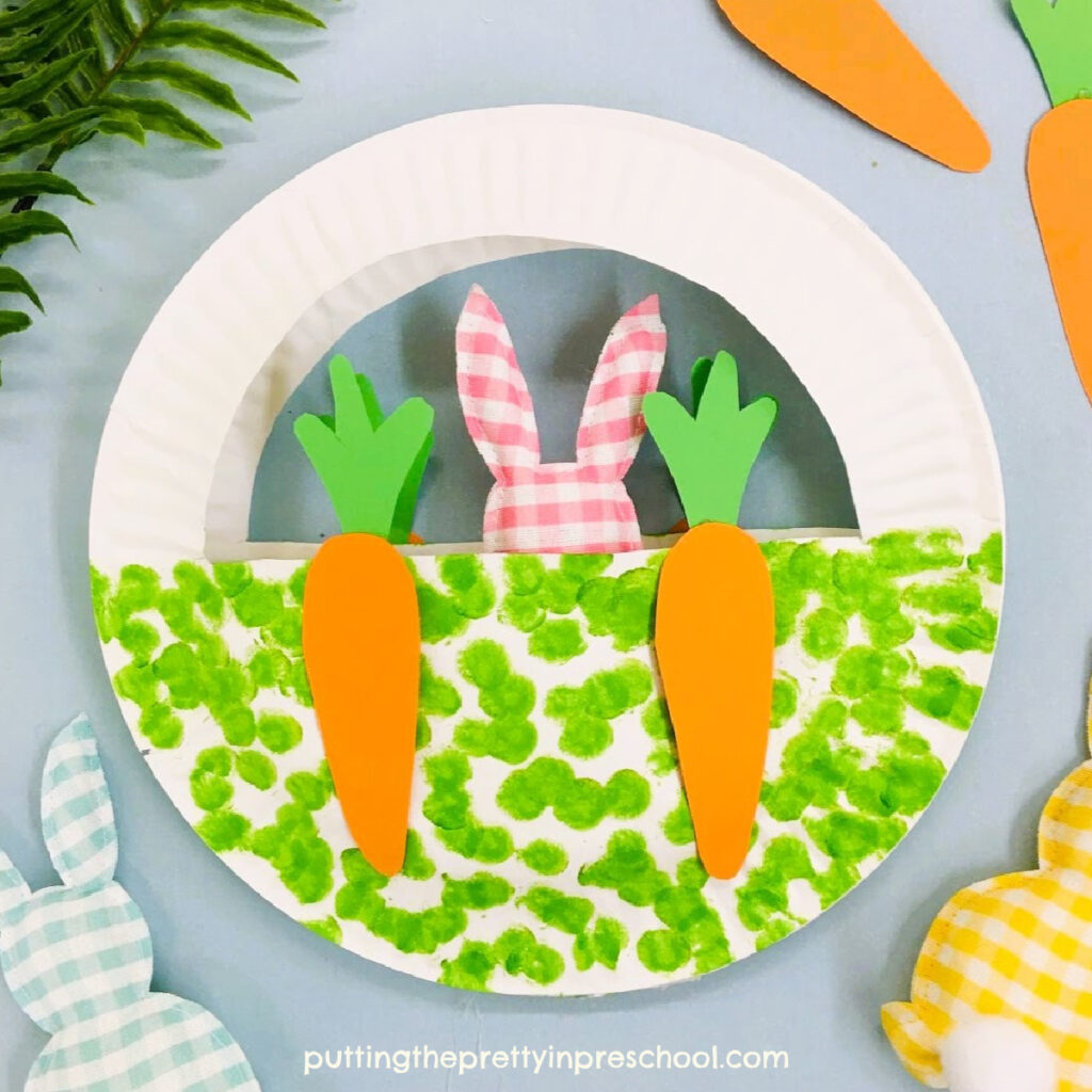 Just insert Easter grass and a few chocolate eggs into this paper plate Easter basket. It is sure to be a big hit as a party favor.