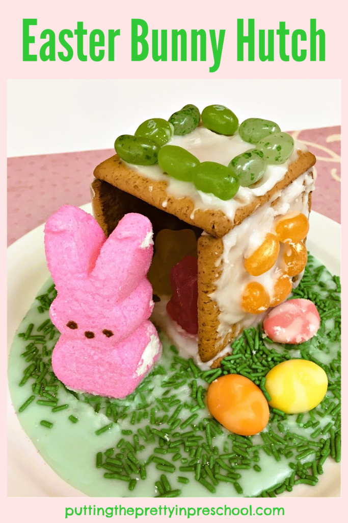 Create this cute Easter bunny hutch with graham crackers, a peeps bunny, and candy treats. It's an all-ages craft sure to be enjoyed.