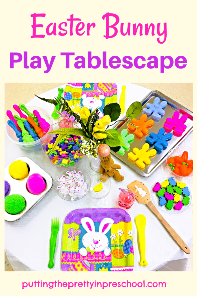 Set up this super colorful Easter bunny play tablescape in minutes. Bunny-themed loose parts take center stage in the setup.