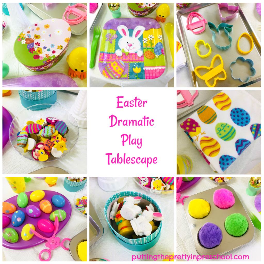 Easter-themed loose parts and decor are key supplies in a dramatic play tablescape your little learners will love to explore.