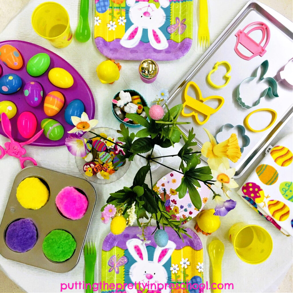 A bright and cheery Easter dramatic play tablescape for your little learners. Loose parts add imaginative play possibilities.