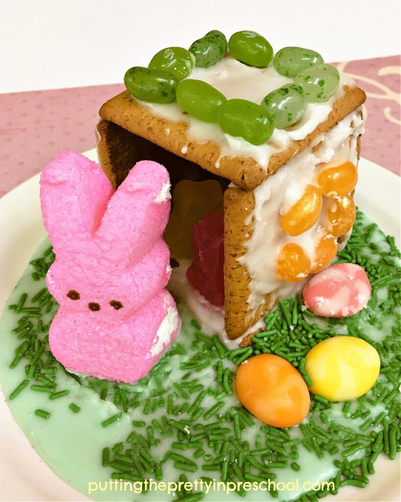 Create this cute Easter bunny hutch with graham crackers, a peeps bunny, and candy treats. It's an all-ages craft sure to be enjoyed.