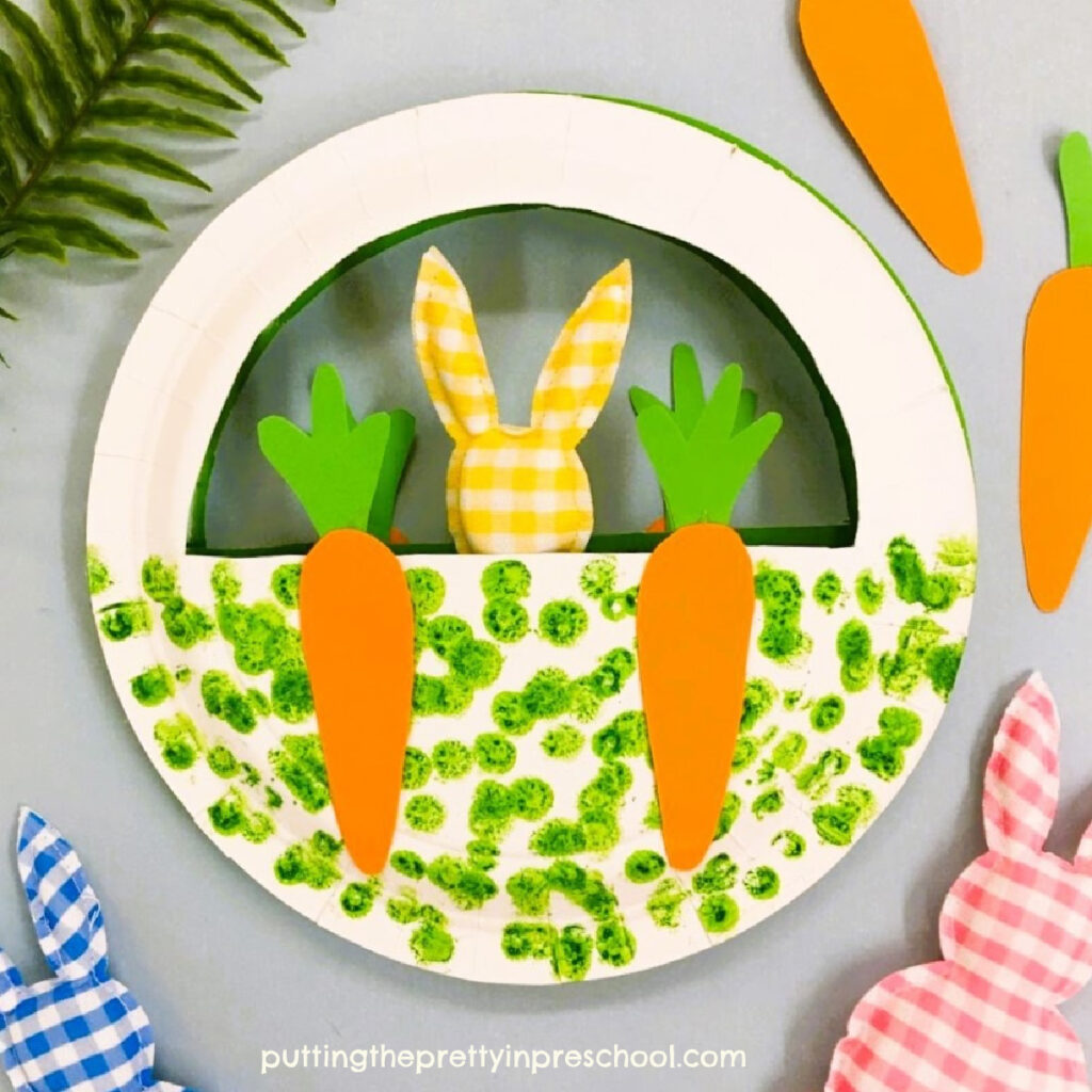This bunny-themed paper plate Easter basket is easy to make and makes a great party favor or gift idea for your little learners.
