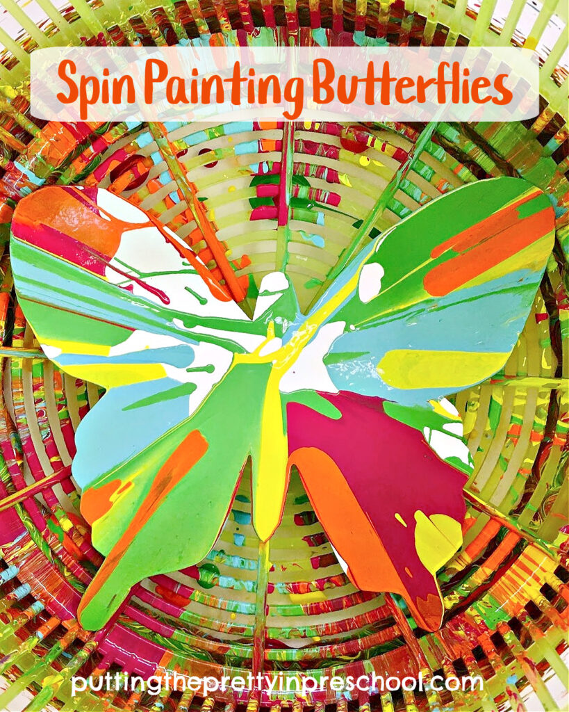 Create beautiful spin painting butterflies with a salad spinner. This is an all-ages, no-fail, super fun process arty activity.